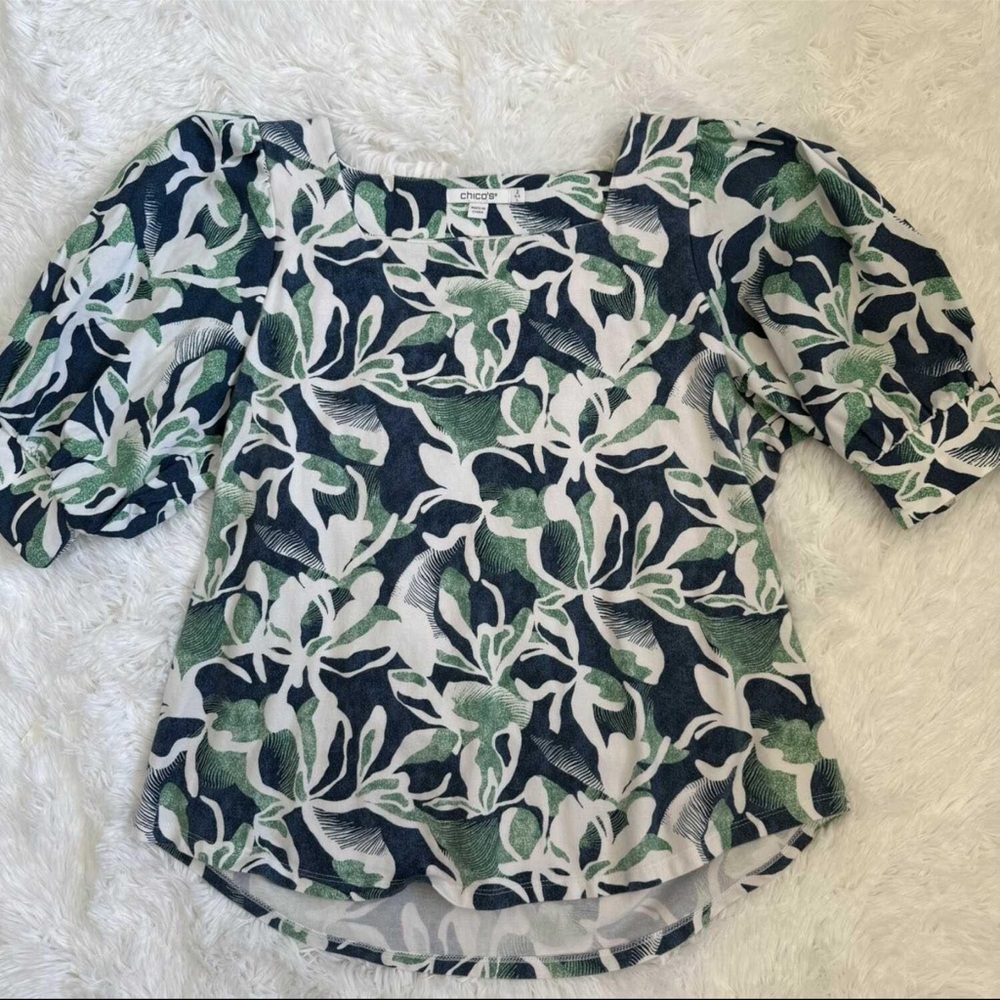 Chico's Blue and Green Leaf Print Blouse - Picture 4 of 6